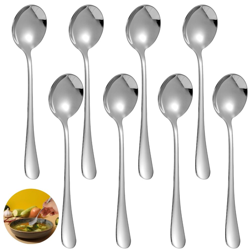 8 Pcs Soup Spoons Made Of Stainless Steel, Round-Head Oatmeal Spoon Set, Smooth, Long Handle For Buffet And Liquid Food Service
