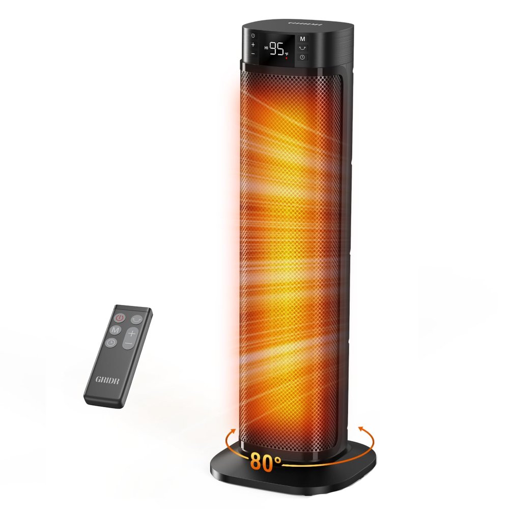 GRIDR Space Heaters for Indoor Use, 24" Electric Space Heater, 1500W PTC Ceramic Heater for Office with Remote, Thermostat, 3 Modes, 35dB Quiet, 12H Timer Portable Heater for Bedroom Home Large Rooms