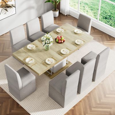 63"-79" Extendable Dining Table Set for 8, 9 Piece Expandable Dining Room Table and Upholstered Dining Chairs with Casters Set of 8, Modern Large Wood Kitchen Table with White Sturdy Base, Grey