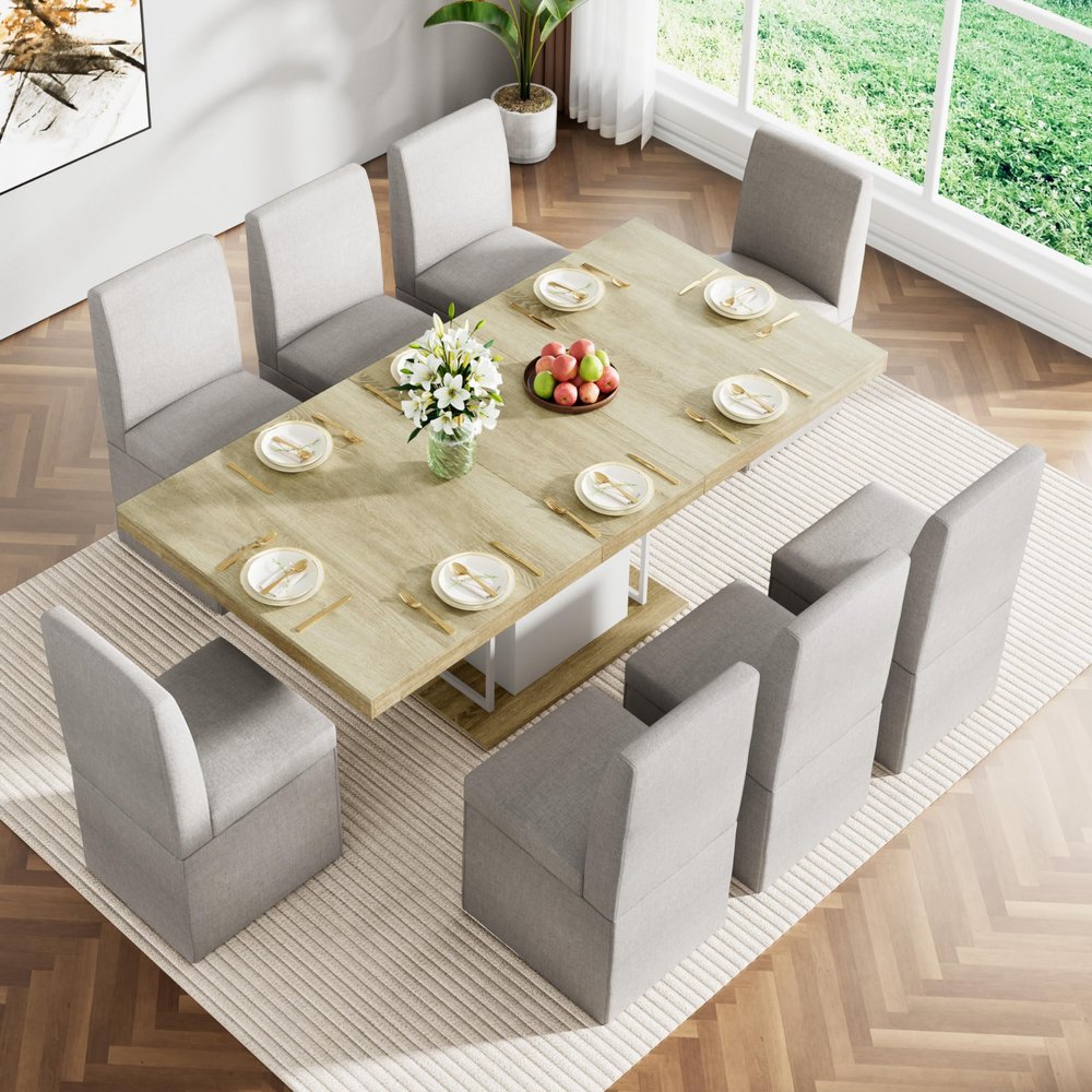 63"-79" Extendable Dining Table Set for 8, 9 Piece Expandable Dining Room Table and Upholstered Dining Chairs with Casters Set of 8, Modern Large Wood Kitchen Table with White Sturdy Base, Grey