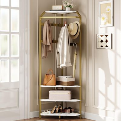 IDEALHOUSE Corner Coat Rack With Shoe Bench and 6 Double Hooks, Corner Hall Tree - Clothes Rack With Storage Hall Tree With Organizer Shelf for Entryway, Hallway, Closet (02-Gold)