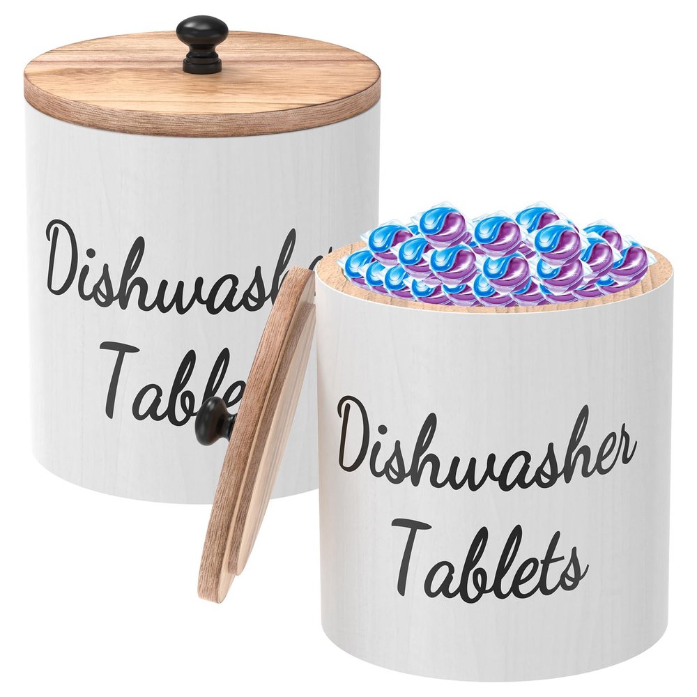 2 Pcs Wooden Laundry Pod Container, Dishwasher Pod Organizer with Lid Dishwasher Tablet Storage Box Round Dishwasher Pod Holder Laundry Bead Organizer for Kitchen (White)