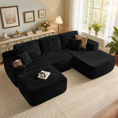 106" Cloud Sectional Couch with L-Shape Chaise & Ottoman, No Assembly Modular Sofa, Deep Seat Corduroy Boneless Couched for Living Room (Black Stripe Corduroy, L Shape with Ottoman-Right Facing)
