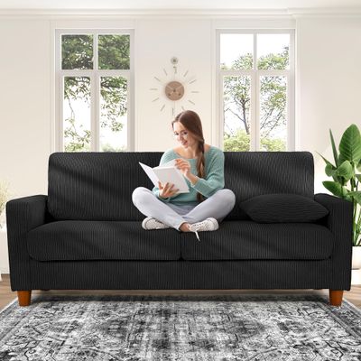 70in Corduroy Couch, Kidirect Sofa No Tool Assembly, Comfy Couches for Living Room 21in Deeper Seats, Corduroy Sofas for Living Room with 2 Pillows, Oversized Loveseat Sofa, Boho Love Seat Black Couch