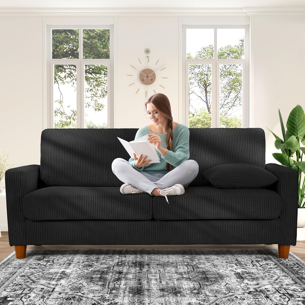 70in Corduroy Couch, Kidirect Sofa No Tool Assembly, Comfy Couches for Living Room 21in Deeper Seats, Corduroy Sofas for Living Room with 2 Pillows, Oversized Loveseat Sofa, Boho Love Seat Black Couch