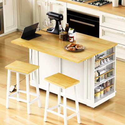 48inch Large Kitchen Island with 2 Bar Stools, It Comes with A Power Socket, 5 Open Side Racks and 2 Drawers, Suitable for Restaurants and Kitchens (White- Two bar stools)