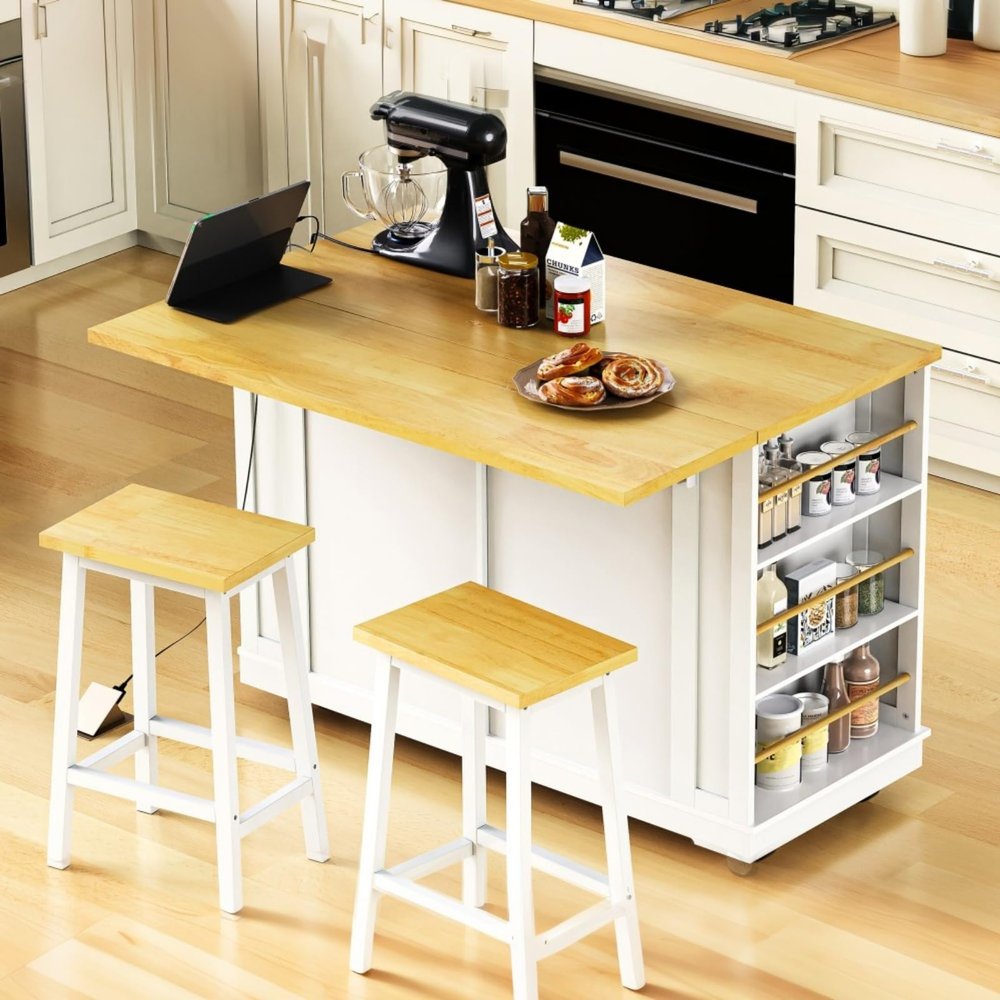 48inch Large Kitchen Island with 2 Bar Stools, It Comes with A Power Socket, 5 Open Side Racks and 2 Drawers, Suitable for Restaurants and Kitchens (White- Two bar stools)