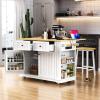 48inch Large Kitchen Island with 2 Bar Stools, It Comes with A Power Socket, 5 Open Side Racks and 2 Drawers, Suitable for Restaurants and Kitchens (White- Two bar stools) view 3