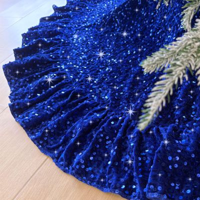 SOMUAUY Royal Blue Tree Skirt Velvet Ruffled Christmas Tree Skirt 45 Inches