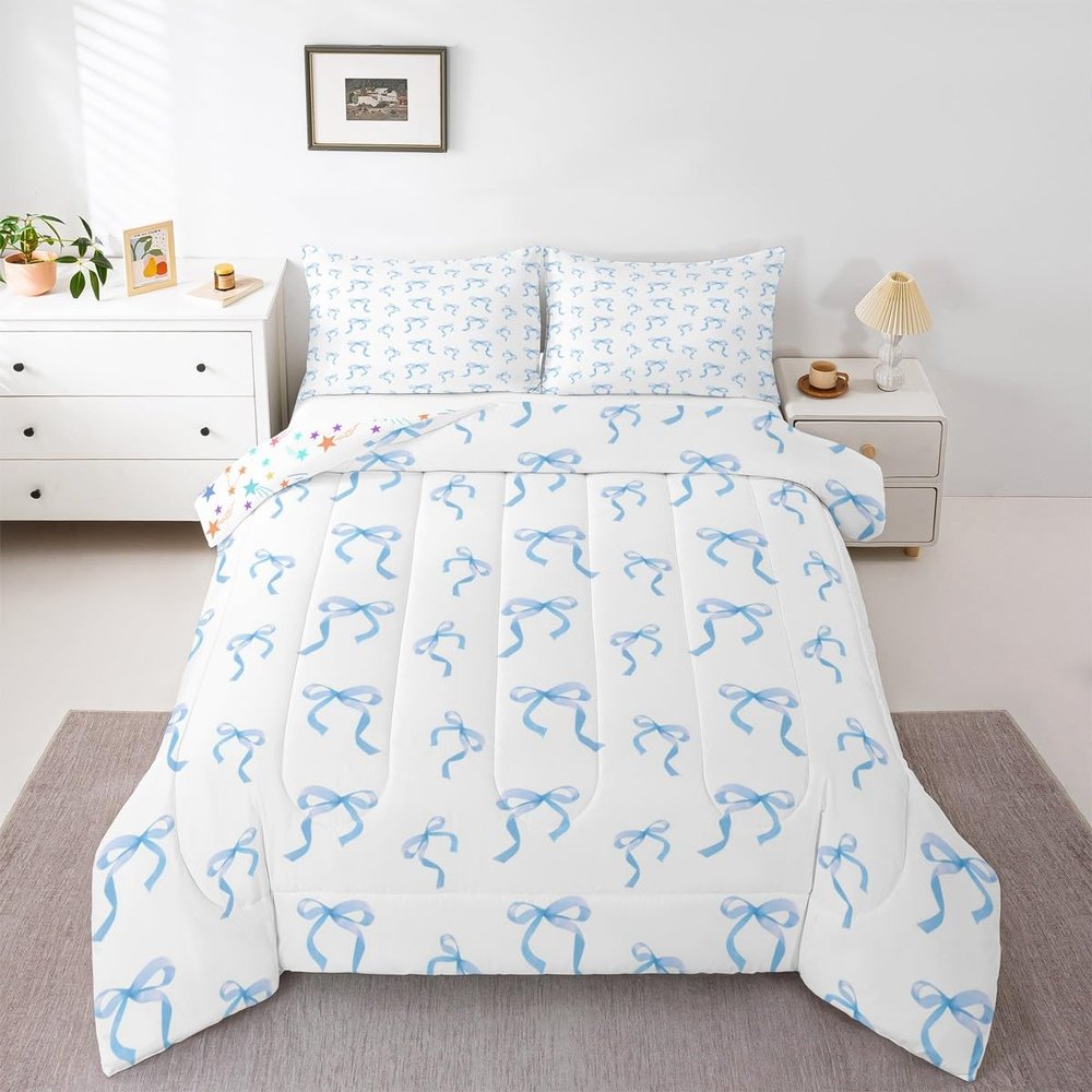 meiyoeat Cute Bowknot Comforter Set Full Size Blue Bow Bedding Set for Kids Boys Girls Princess Decor Duvet Quilt Kawaii Bedroom Decor Microfiber 3 Pcs with 2 Pillow Cases