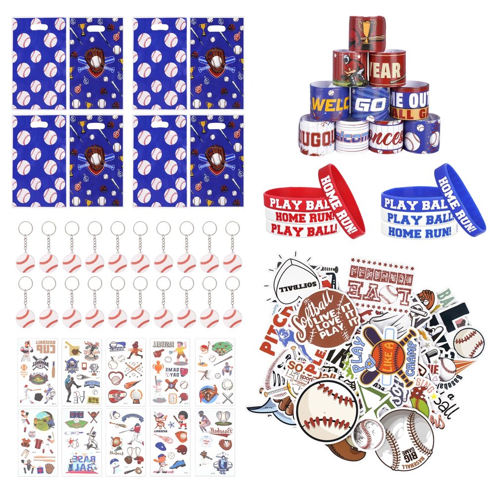 130 PCS Baseball Party Favors Set, Baseball Party Supplies Goodie Bag Stuffers with Stickers Gift Bags Silicone Bracelets Tattoos Themed Keychains for Adult Birthday Team Celebration Decorations