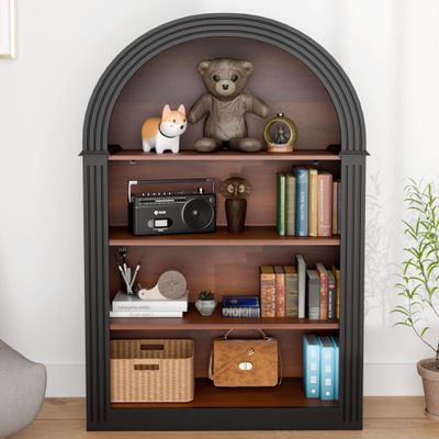 45" Small Black Arched Bookcase, Mid Century Modern Arched Bookshelf with 4 -Tier Rack, Open Wood Archeds Cabinet with Doors, Pantry Display storage Cabinet for Kitchen Living Room Bedroom(45.66 Inch)