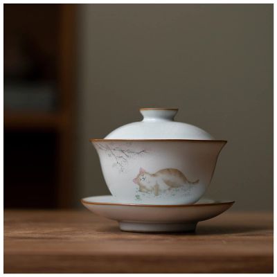 160ML Ceramic Gaiwan Cute Cat Porcelain Tureen Chinese Ancient Glaze Jingdezhen Teaset Teapot Bowl for Varied Tea Porcelain(1)