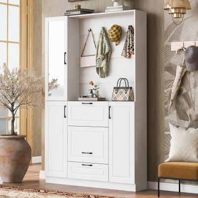 51.1" Entryway Foldable Bench with Integrated Shoe Cabinet and Coat Hanger, 4-in-1 Design Hall Tree with Mirrored Cabinet Door, 2 Drawers, 4 Sturdy Hooks and Foldable Seat for Entrance, Living Room