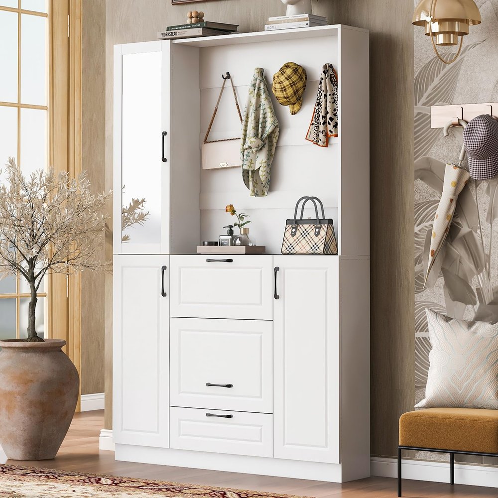 51.1" Entryway Foldable Bench with Integrated Shoe Cabinet and Coat Hanger, 4-in-1 Design Hall Tree with Mirrored Cabinet Door, 2 Drawers, 4 Sturdy Hooks and Foldable Seat for Entrance, Living Room