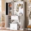 51.1" Entryway Foldable Bench with Integrated Shoe Cabinet and Coat Hanger, 4-in-1 Design Hall Tree with Mirrored Cabinet Door, 2 Drawers, 4 Sturdy Hooks and Foldable Seat for Entrance, Living Room view 2
