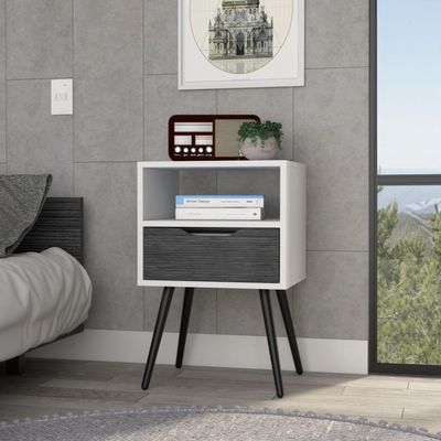 Fnecan Nightstand with One Drawer and Open Shelf, Modern Smokey Oak and White Design, Easy Assembly, Space-Saving Storage Solution for Bedroom or Living Room