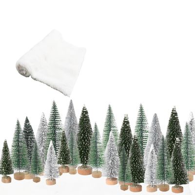 Christmas Decor Bottle Brush Trees Set- 24PCS Assorted Artificial Mini Snow Pine Trees with Wood Base for Village Miniature Craft Decorations for Home Indoor Party (Include Small Snow Blanket)
