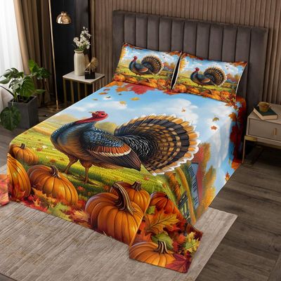 Manfei Thanksgiving Day Bedspread Queen Size,Cartoon Turkey Pumpkins Coverlet Set 3pcs,Autumn Harvest Theme Quilted Coverlet with 2 Pillowcases,Kids Boys Room Decor,Soft Bedding Quilt