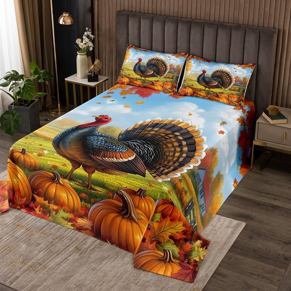 Manfei Thanksgiving Day Bedspread Queen Size,Cartoon Turkey Pumpkins Coverlet Set 3pcs,Autumn Harvest Theme Quilted Coverlet with 2 Pillowcases,Kids Boys Room Decor,Soft Bedding Quilt