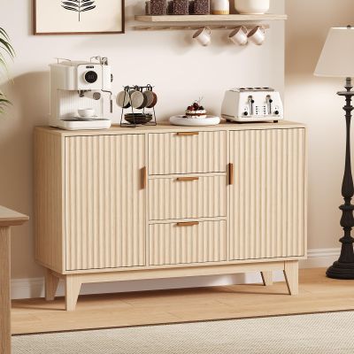 Garvee 47.2 in Fluted Buffet Cabinets with Storage, Sideboard Storage Cabinet with 3 Drawers and 2 Doors, Modern Mid Century TV Stand Coffee Bar Furniture for Living Room, Kitchen, Entryway- Oak