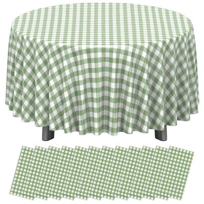 12 Pack Sage Green Plastic Checkered Tablecloth Round, Premium Decorative Disposable Sage Green Gingham Plaid Table Cloths for Parties, Round Party Table Cover for Baby Shower Picnic Birthday, 84 Inch