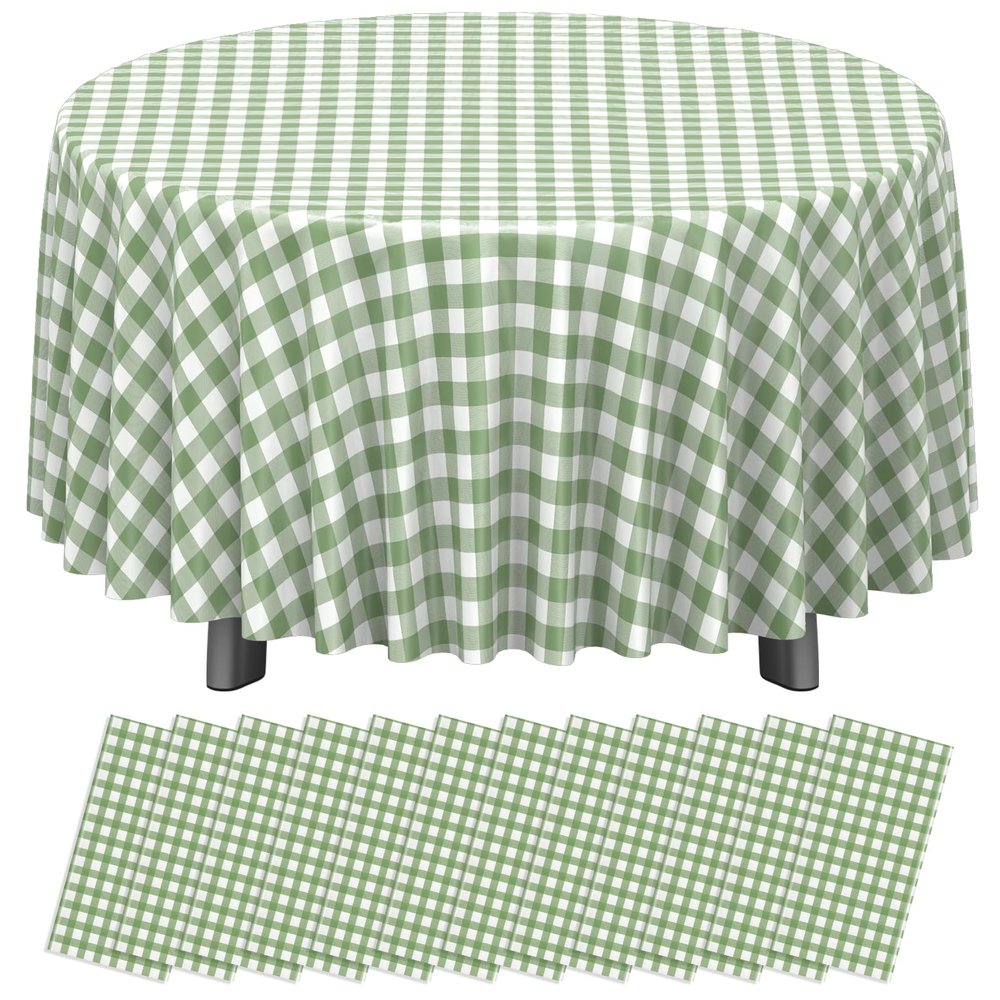 12 Pack Sage Green Plastic Checkered Tablecloth Round, Premium Decorative Disposable Sage Green Gingham Plaid Table Cloths for Parties, Round Party Table Cover for Baby Shower Picnic Birthday, 84 Inch