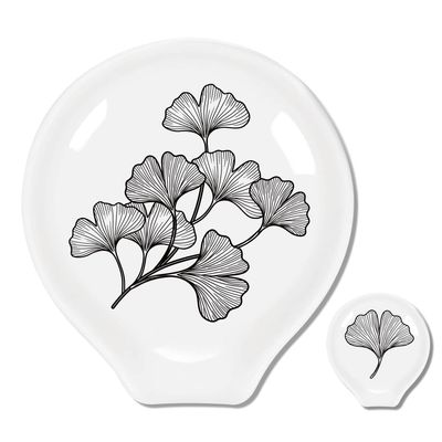 ANATTASOUL 2Pcs Coffee Ceramic Spoon Rest Ginkgo Biloba Pattern 3.34"x3.54" Cute Spoon Holder, Heat Resistant Utensil Holder for Coffee Bar Decor Women Men, Housewarming Gifts