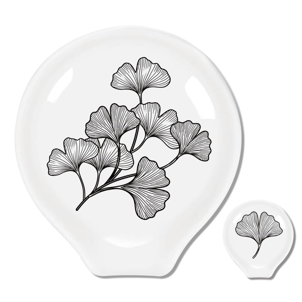 ANATTASOUL 2Pcs Coffee Ceramic Spoon Rest Ginkgo Biloba Pattern 3.34"x3.54" Cute Spoon Holder, Heat Resistant Utensil Holder for Coffee Bar Decor Women Men, Housewarming Gifts