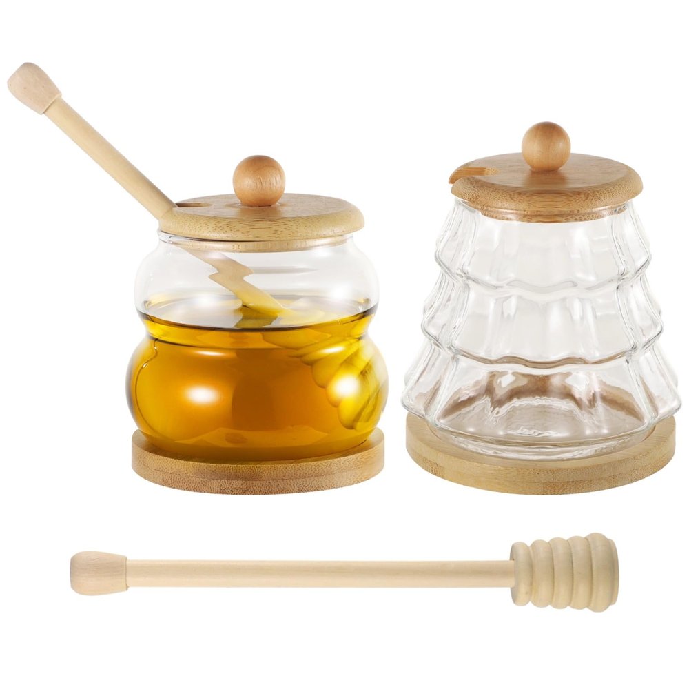 2 Pack Of Glass Honey Jars With Wooden Dipper, Wide Mouth Container With Wooden Lid And Base, Ideal For Kitchen Maple Syrup Dispenser, Excellent Gift For Christmas And Mother'S Day (11 Oz & 14.2 Oz)