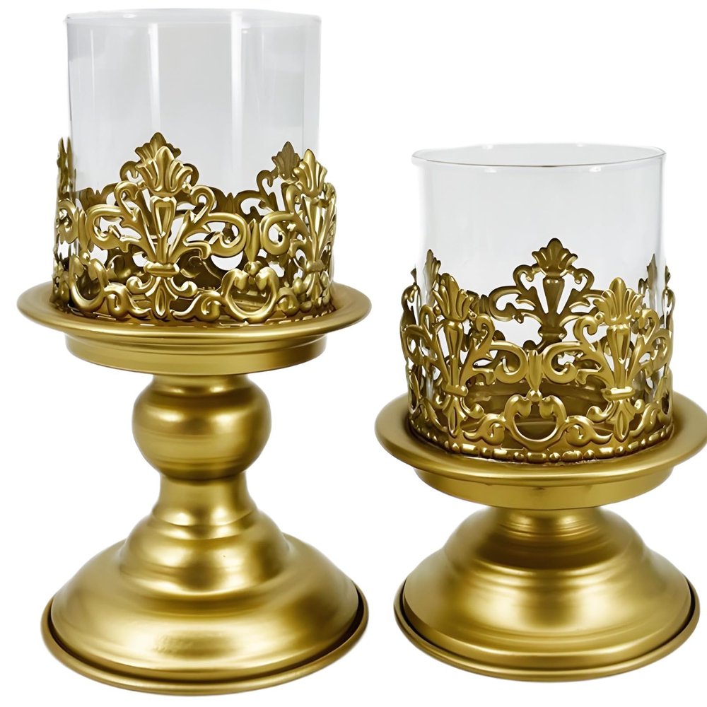 2-Piece Gold Candle Holders with Glass Cups, Embossed Hurricane Candle Stands for Wedding and Event Centerpieces, Elegant and Luxury Design