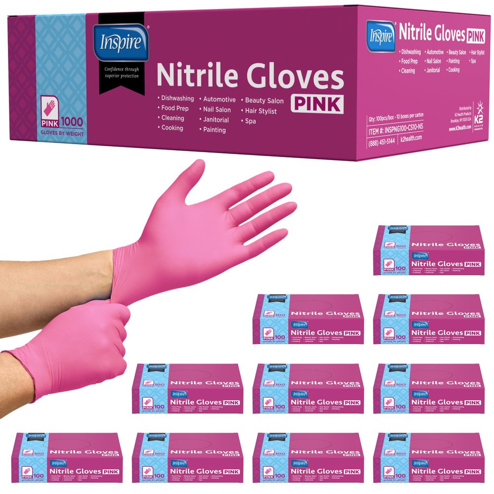 Inspire Pink Gloves Disposable Latex Free | Nitrile Pink Glove Hair and Nail Salon, Esthetician Nitrile Disposable Gloves (1000, Medium)