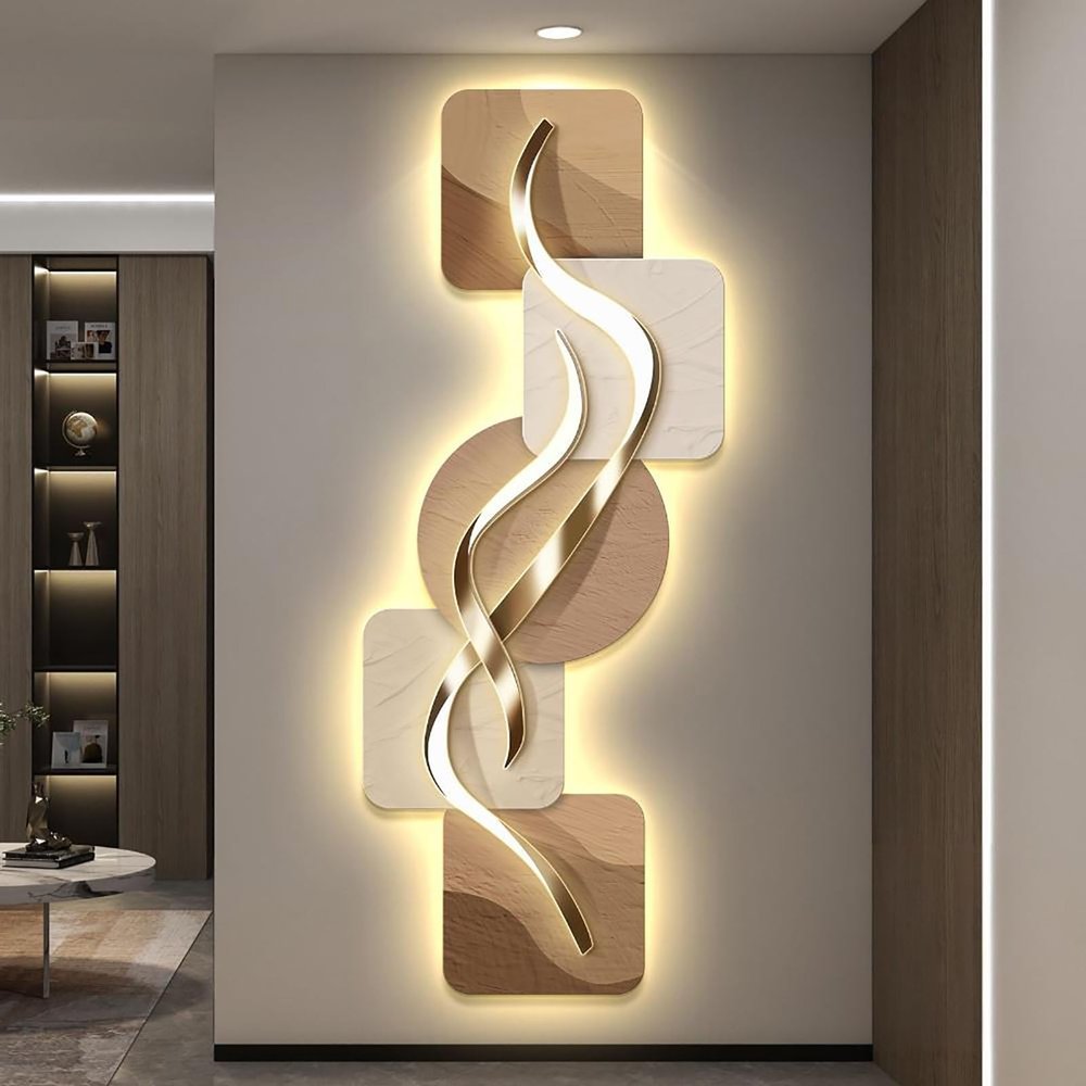 3D Wall Sculptures Art Decor, Decorative Painting with LED Light, Relief Wall Lamp Painting, Modern 3D Art Mural for Office Bedroom, Living Rooms(Beige 2,50 * 125cm/19.7 * 49.2in)