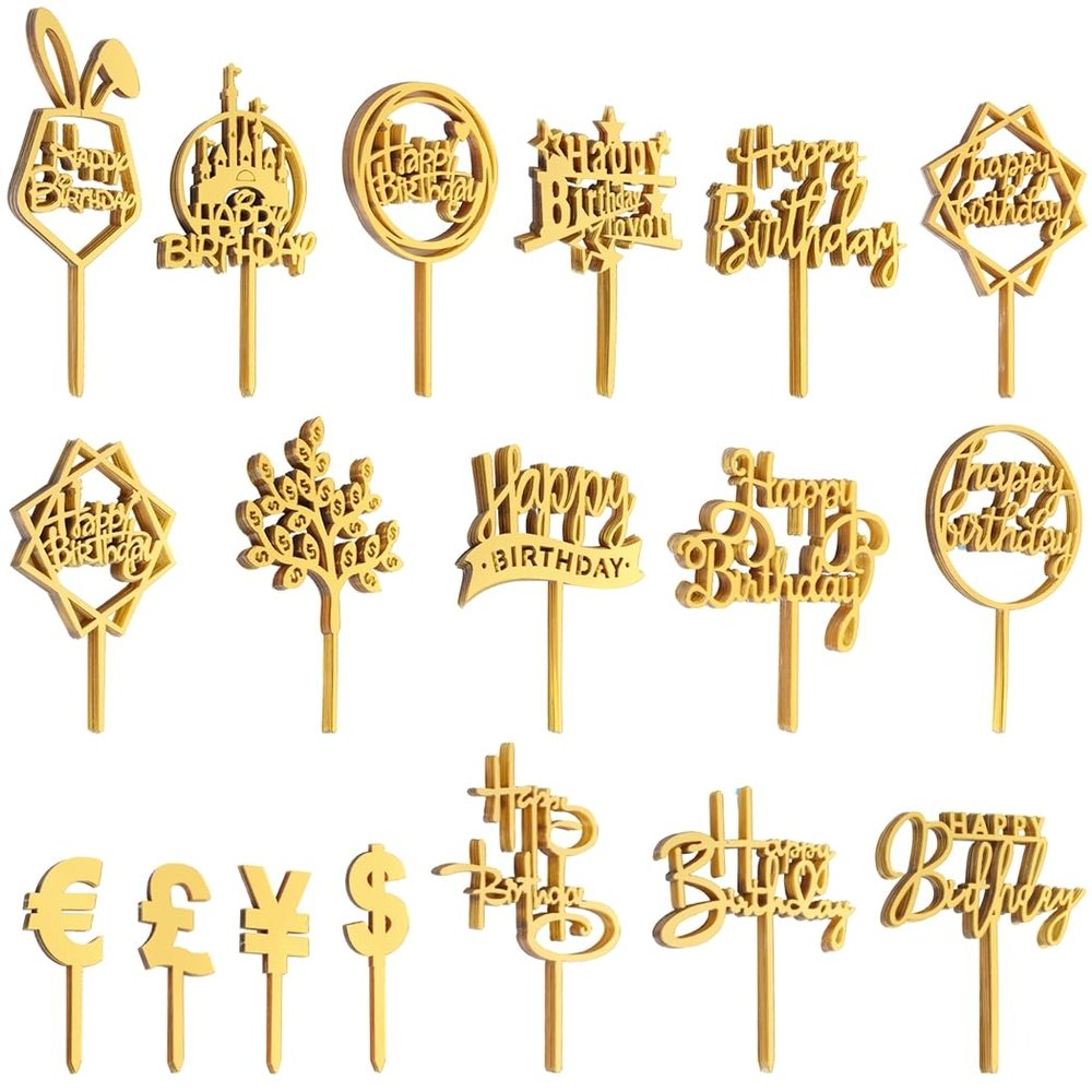 150-Pack Gold Glitter Birthday Cake Toppers, Double-Sided Acrylic Cake Decorations, Fun Cupcake Toppers