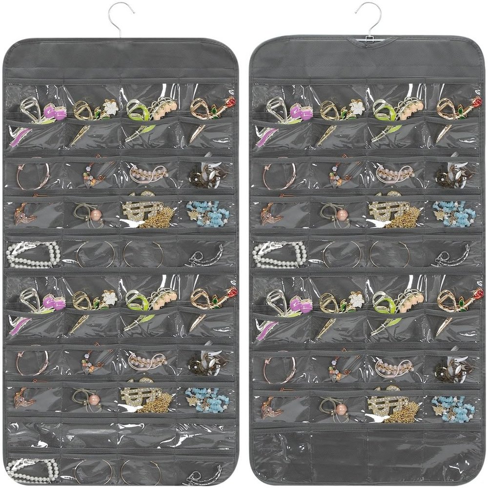 Hanging Jewelry Storage Organizer with 80 Clear Pockets, Double-Sided Display Bag for Necklaces and Earrings
