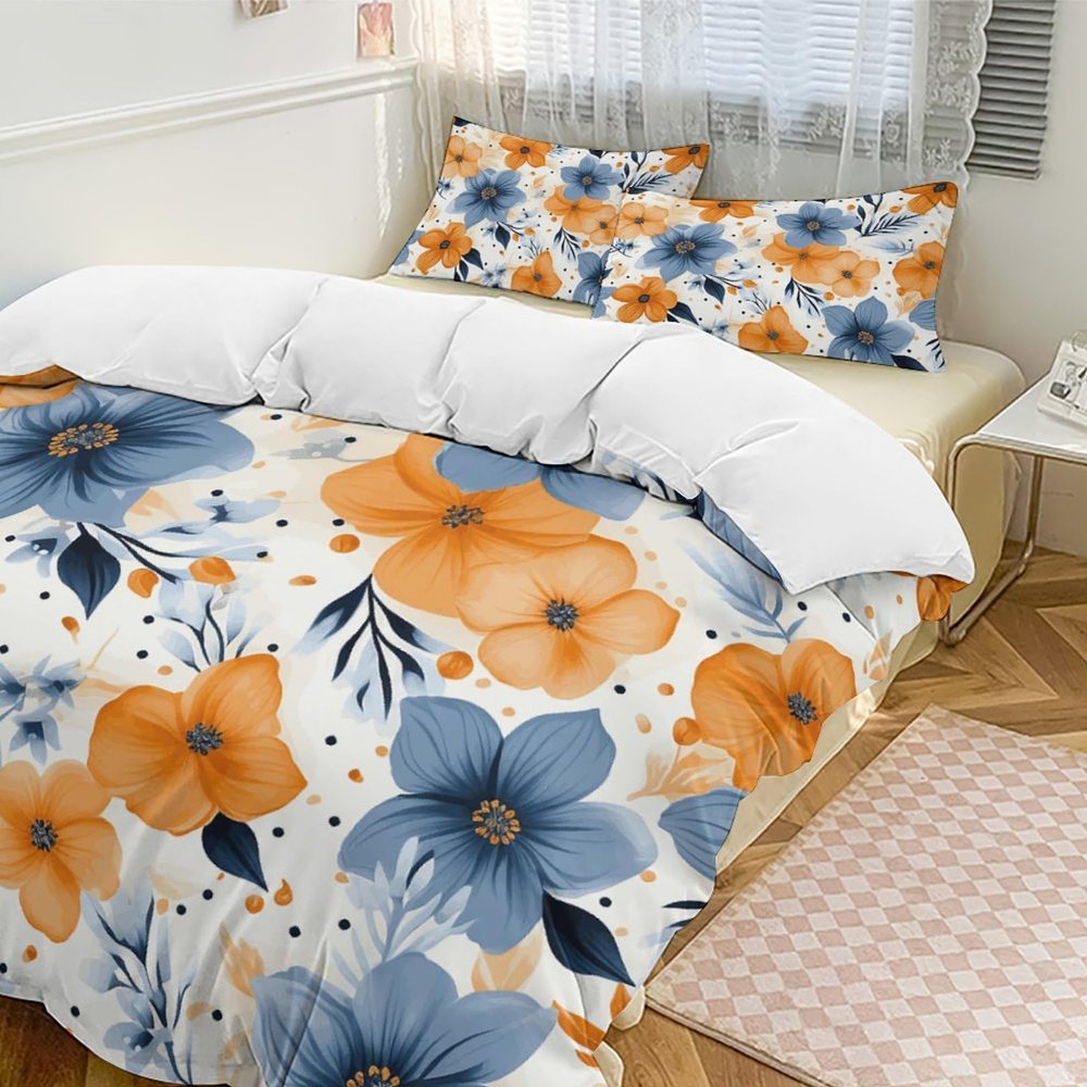 Blue and Orange Flowers On White Background 3 Pieces Bedding Set Super Soft Cozy Duvet Cover Set Lighweight Microfiber Comforter Cover with Zipper for Adult Bedroom Decor All Season 102"x90"