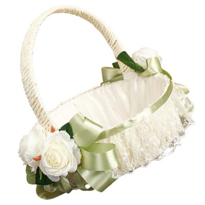 Healifty Romantic Flower Girl Basket Small Lightweight Wedding Basket with Elegant Bowknot and Floral Design for Young Wedding Ceremony Decor