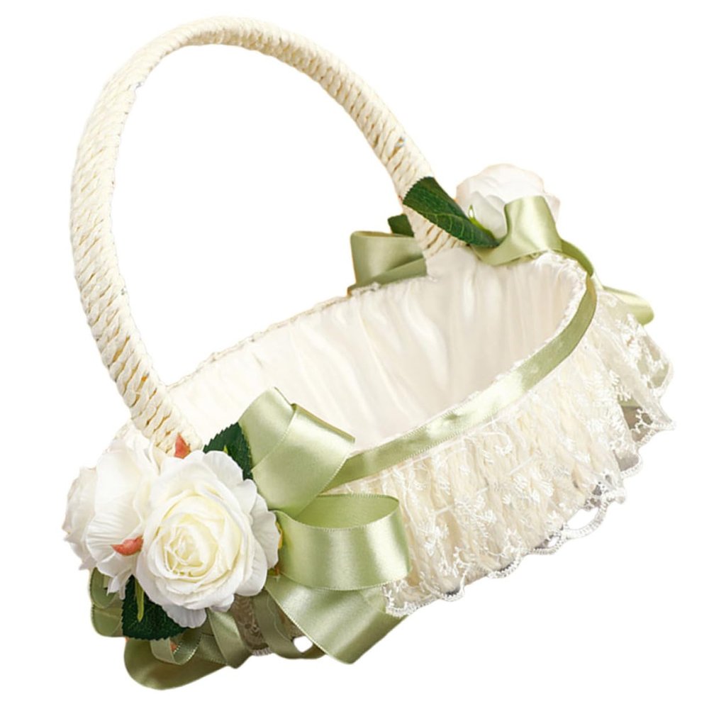 Healifty Romantic Flower Girl Basket Small Lightweight Wedding Basket with Elegant Bowknot and Floral Design for Young Wedding Ceremony Decor
