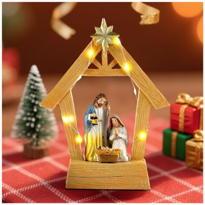 Magicsculp 7.5" Nativity Scene with Lights - Hand Painted Nativity Sets Resin Figure, First Christmas Story Decoration Holy Family Manger Little People Nativity Set for Indoor Mantle Shelf Tabletop