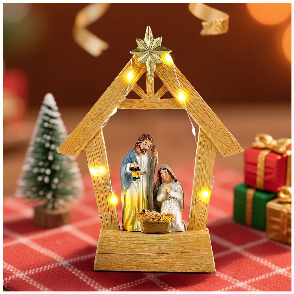 Magicsculp 7.5" Nativity Scene with Lights - Hand Painted Nativity Sets Resin Figure, First Christmas Story Decoration Holy Family Manger Little People Nativity Set for Indoor Mantle Shelf Tabletop