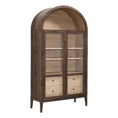 BOWERY HILL Contemporary Wood Storage Display Cabinet, Walnut and Light Oak Finish, Arched Top with Tempered Glass Doors, Adjustable Shelves, Full-Glide Drawers, Living Room or Hallway Furniture