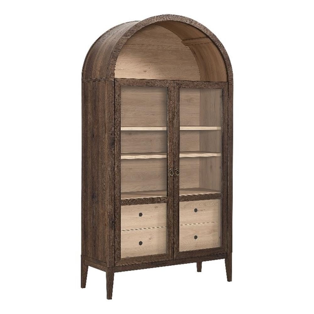BOWERY HILL Contemporary Wood Storage Display Cabinet, Walnut and Light Oak Finish, Arched Top with Tempered Glass Doors, Adjustable Shelves, Full-Glide Drawers, Living Room or Hallway Furniture