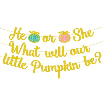 Thanksgiving Pumpkin Theme Gender Reveal Party Decoration Gold Glitting He or She Banner Pumpkin Maple Leaf Flags Cake Topper for Fall Theme Party Autumn Harvest Favors Decor