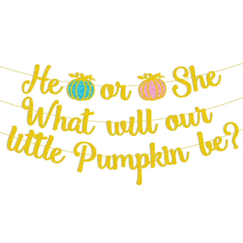 Thanksgiving Pumpkin Theme Gender Reveal Party Decoration Gold Glitting He or She Banner Pumpkin Maple Leaf Flags Cake Topper for Fall Theme Party Autumn Harvest Favors Decor