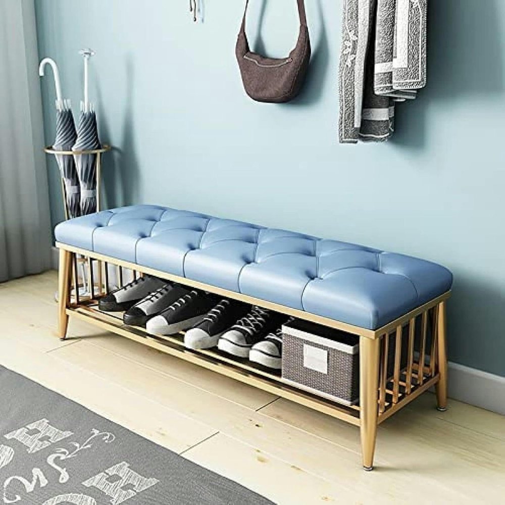 Entryway Shoe Bench with PU Leather Seat, Golden Shoe Rack Shelf, Metal Shoe Organizer with Soft Cushion for Entryway, Bedroom, Living Room - 1pc(Blue,100x35x45cm)
