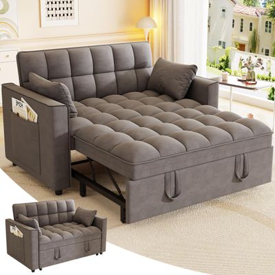 3 in 1 Convertible Sleeper Sofa Bed, 52'' Velvet Pull Out Couch Bed with Comfy Pillows & Adjustable Backrest/Side Pockets,Futon Loveseat Sleeper Sofa for Small Spaces Living Room Bedroom (Dark Grey)