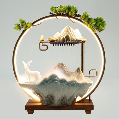 Tabletop Fountain Waterfal, Fountain Indoor Ceramic Deer Sculpture, Backflow Incense Holder with Water Fountains, Tabletop Mini Water Fountain for Indoor Outdoor Decoration,Stress Relief,Wealth Boom