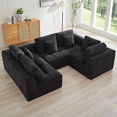 110''Modular Sectional Couches for Living Room, Cloud Boneless Compressed Sectional Sofa, Oversized U Shaped 5 Seater Upholstered Memory Foam Sofa, No Assembly, Chenille Black