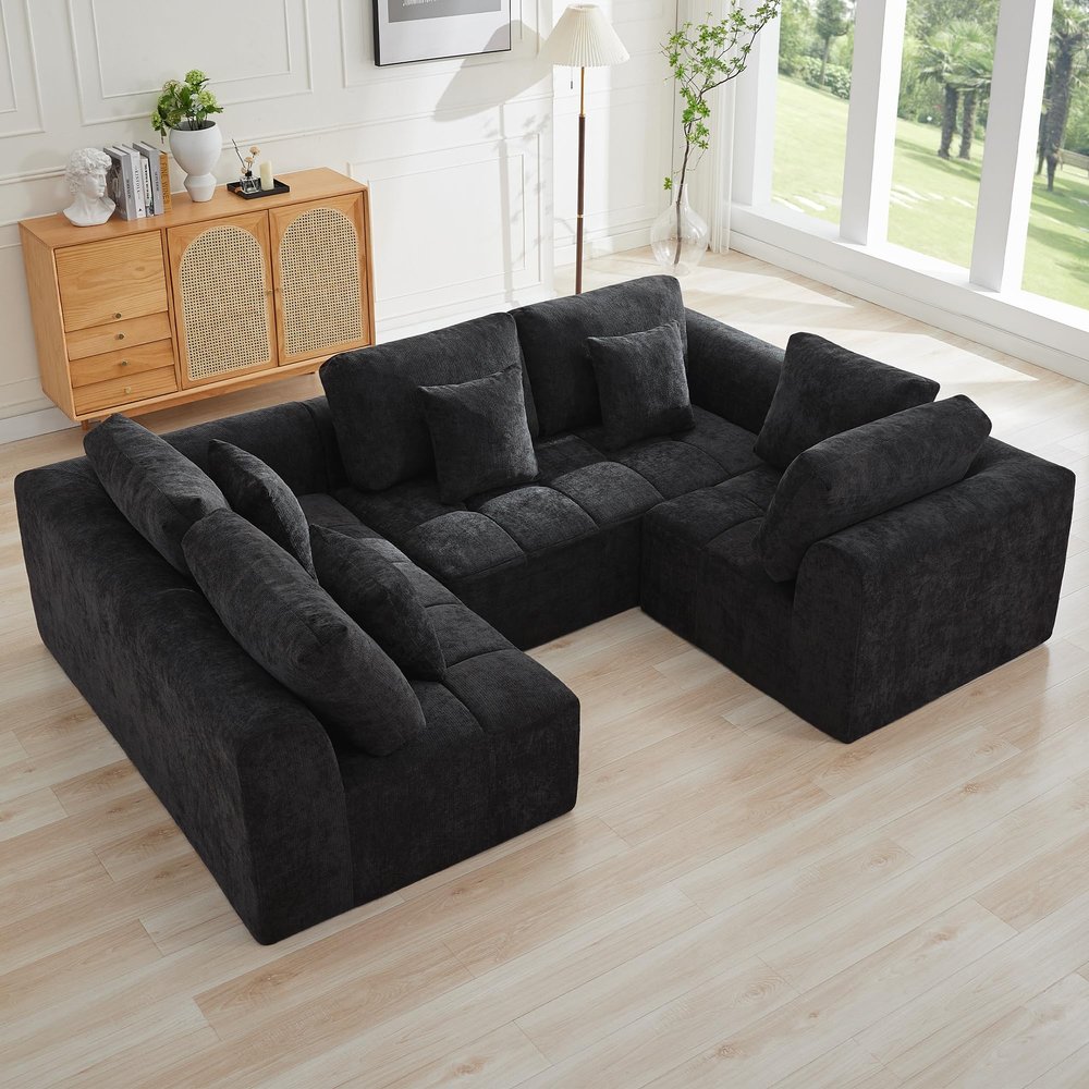 110''Modular Sectional Couches for Living Room, Cloud Boneless Compressed Sectional Sofa, Oversized U Shaped 5 Seater Upholstered Memory Foam Sofa, No Assembly, Chenille Black