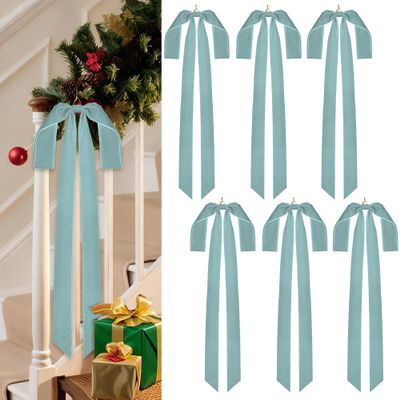 Aneco 6 Pieces Large Light Blue Velvet Christmas Bows 35 x 16 Inch Christmas Swag Bow Pre Tied Fence Staircase Wreath Bows Holiday Tree Topper for Xmas Home Door Outdoor Decorations
